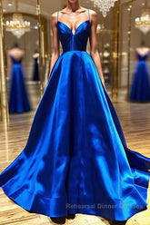 V Neck Royal Blue Backless Semi Formal Prom Dresses, Royal Blue Backless Formal Graduation Evening Dresses